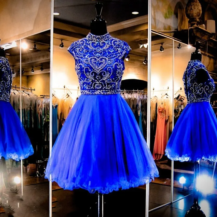 Gorgeous Royal Blue Homecoming Dress tulle beaded high neck prom dress cap short sleeves short party dress vestidos de festa