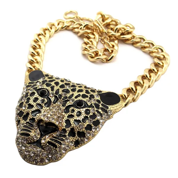 Fashion Women Hiphop Tiger Necklace Rhinestone Head Leopard Necklaces Pendants Vintage Retro Long Necklace Exaggeration Jewelry