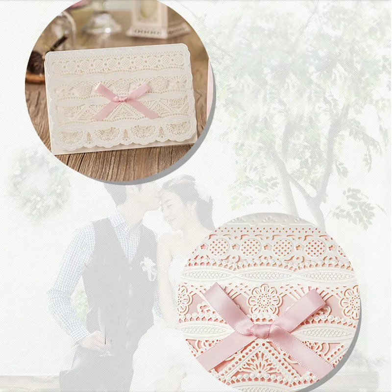 Laser Cut Flower Bowtie Style Invitation Card Lovely Customized Pink Color Wedding Invitations Free Printing Including Envelops