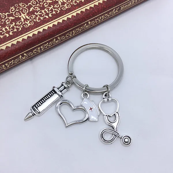 12 pièces de haute qualité coeur porte-clés antique argent soins infirmiers porte-clés médical RN vraie infirmière infirmières casquette porte-clés