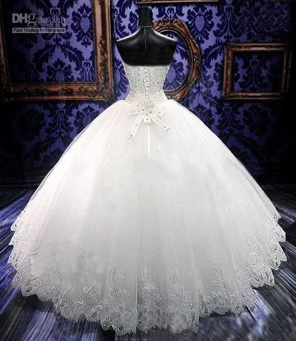 Newest Wedding Dresses Ball Gown Sweetheart Floor Length White Tulle Rhinestones Real Sample Castle Bling Wedding Dresses