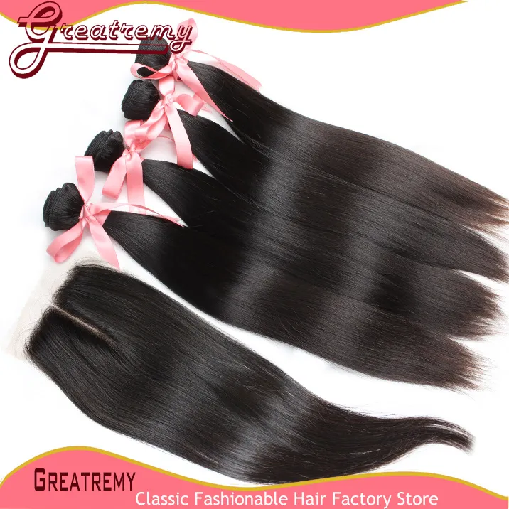 greatremy human hair bundles with lace closure straight 100 human hairweft weave virgin hairclosure 4x4 middle part