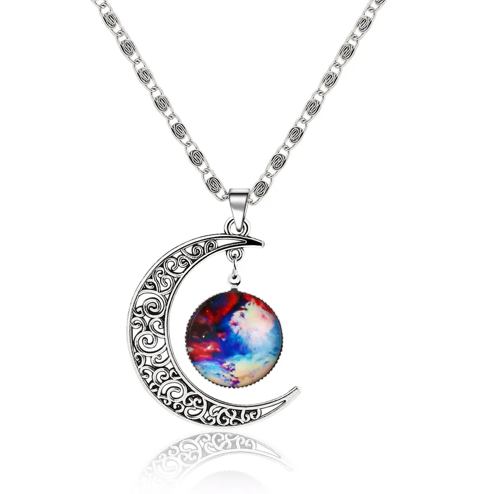 Colares com pingente de planeta galáxia da moda Cabochons de lua Mundo de vidro Espaço estrelado Moonstone Charms colar Para gargantilha feminina Jóias