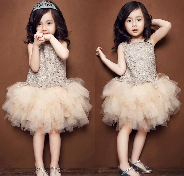 Meisje tutu jurk meisjes kant prinses jurken baby kinderen kleding bloemen holle mouwloze jurk zomer koreaanse stijl vest dressy champagne