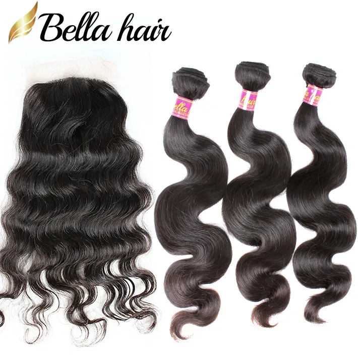 4x4 Zijde Basis Kantsluiting met haarbundels Braziliaanse Virgin HairClosure Body Wave Menselijk Haar Inslag Extension Natural Color 4pc Lot