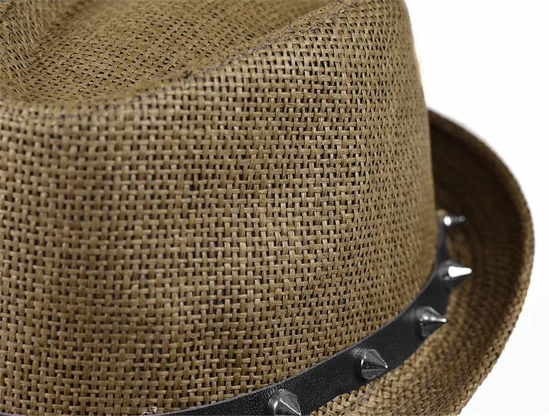 Unisex mulheres homens casuais na moda sol chapéu de palha verão sol chapéu de praia rebite jazz cap cowboy fedora trilby gangster 3 cores 6 pçs / lote