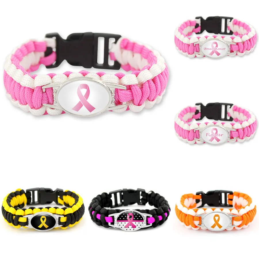 Fashion Pink Ribbon Charm bracelets breast cancer Fighter awareness Outdoor Wristbands Bangle For women&men s Sports Jewelry