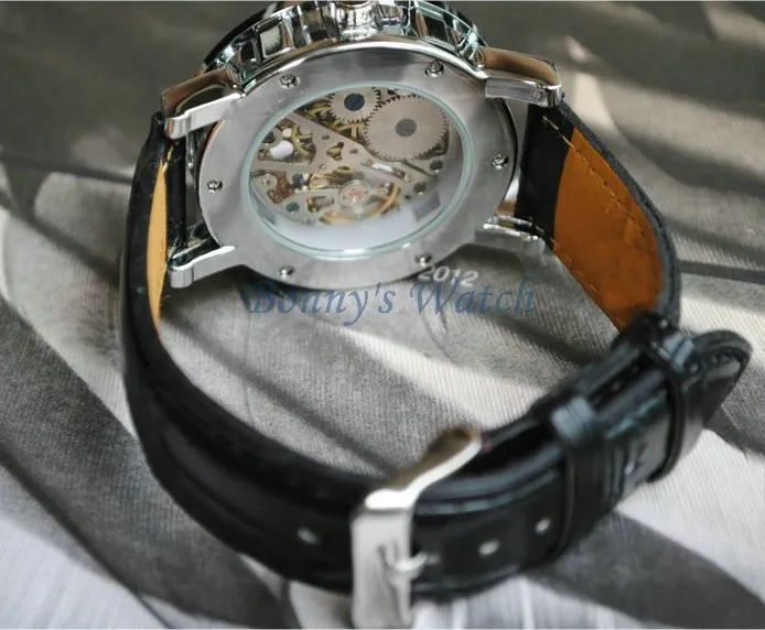 Men Winner Black Leather strap Stainless Steel Skeleton Mechanical Watch For Man Manual Mechanical Wrist Watch