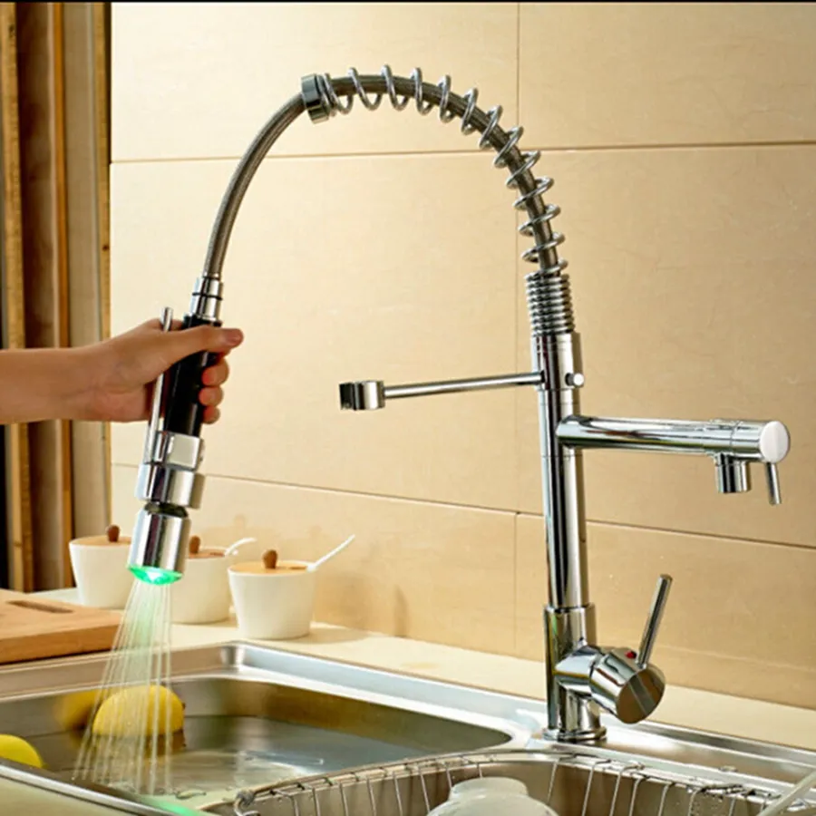 Wholesale And Retail Luxury Chrome Brass Kitchen Faucet LED Spout Swivel Sprayer Vessel Sink Mixer Tap Single Handle