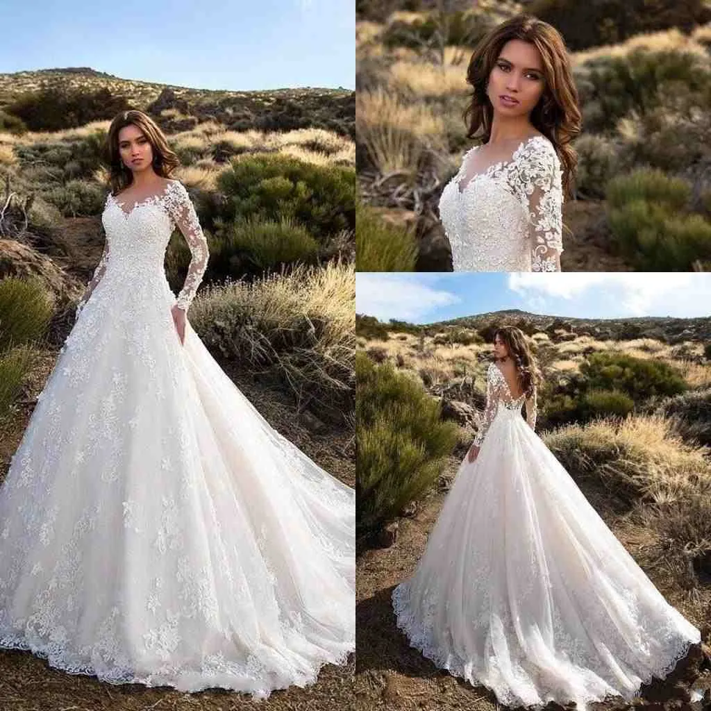 2019 Vestidos de novia modestos y baratos de una línea Flores florales en 3D Apliques de encaje Mangas largas Tren de barrido Espalda abierta Vestidos de novia de talla grande