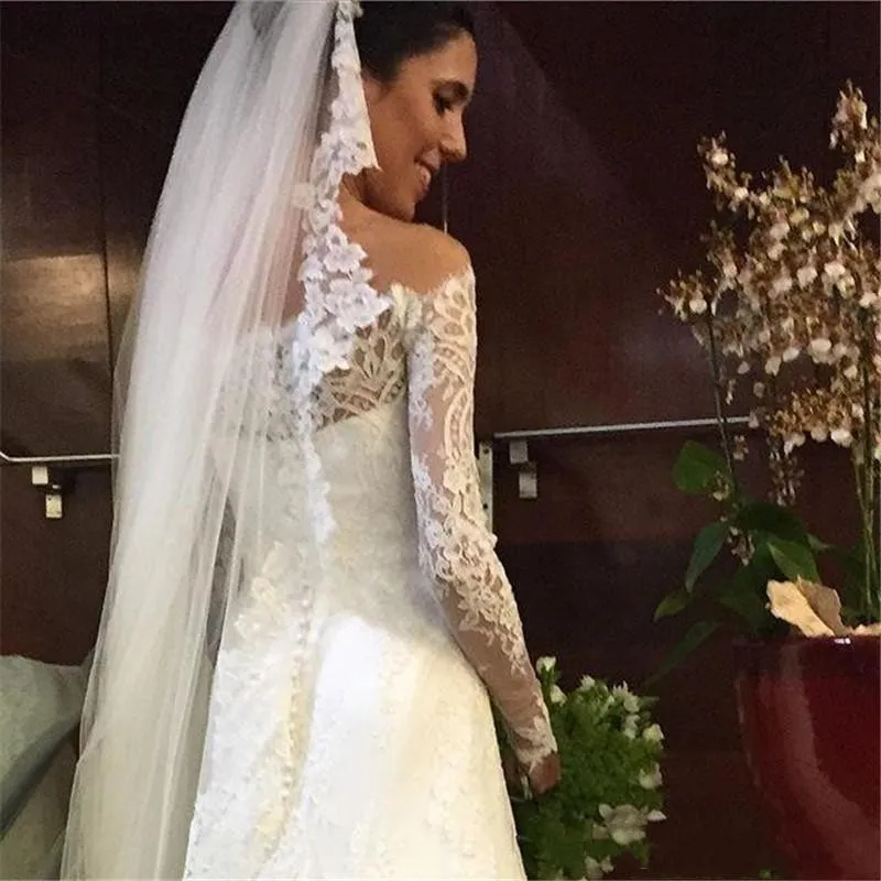 Vestios De Novia Dantel Gelinlik Uzun Kollu Kapalı Omuzlar Gelinlikler Düğme Sırt Tren Ile Geri Gelin Elbiseler