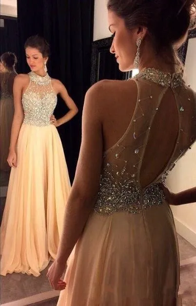 2020 Arabien Prom Klänningar High Neck Crystal Major Beading Illusion Chiffon Peach Sheer Open Back Long Party Dress Formal Evening Gowns Wear