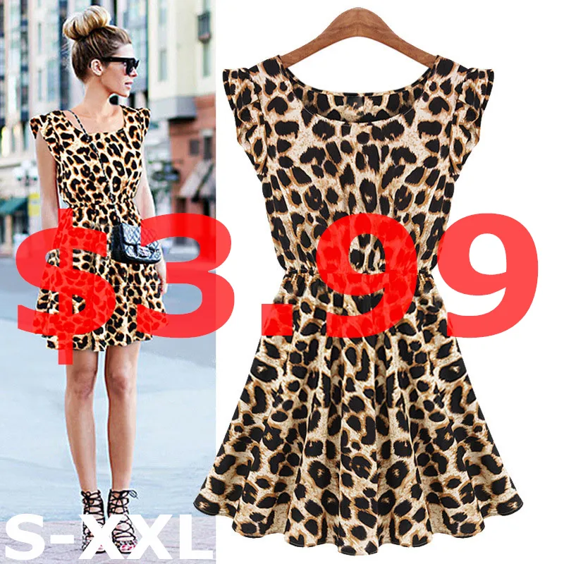 Wholesale-New 2015 Hot Sale Sexy Leopard Women Dress Casual Sleeveless Ruffles Vestidos Dresses Femininos Women Clothing Girl Sundress