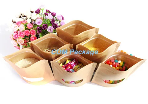 / 17x24cm Stand Up Brown Kraft Paper Doypack Pouches Zipper Lock Packing Bag Food Storage Package Bag With Oval Clear Window