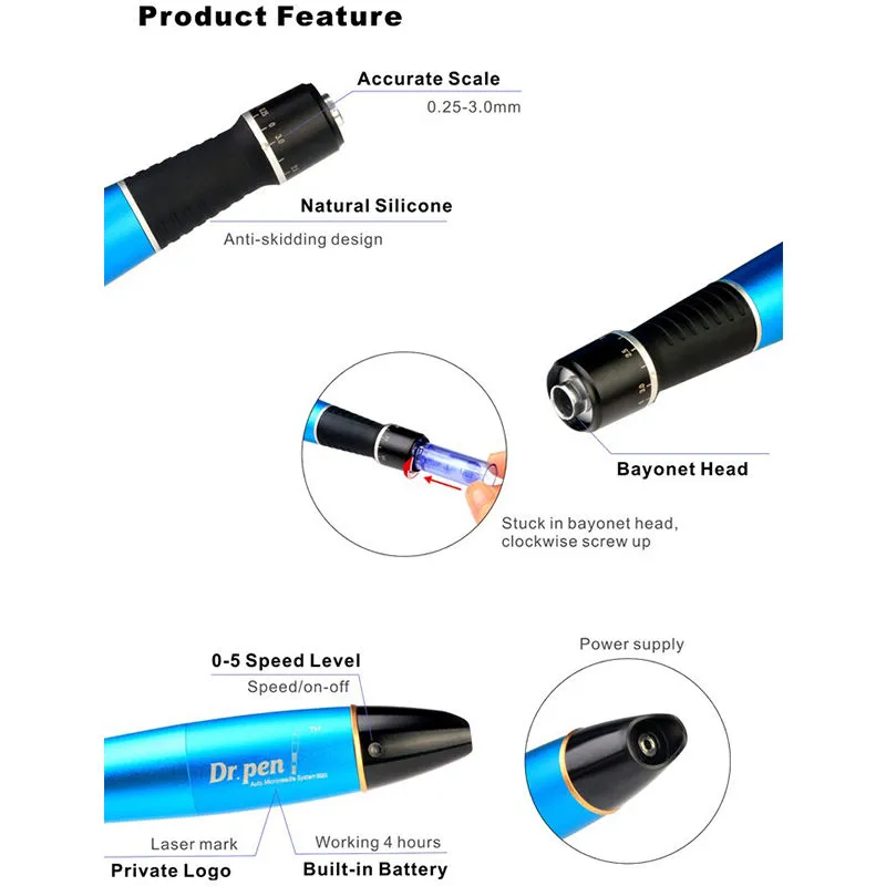 Dr Pen A1-W sans fil, système de micro-aiguilles automatiques, longueurs d'aiguilles réglables 0.25mm-3.0mm, Dermapen électrique CE