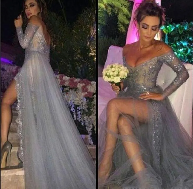 Evening Gowns Long Sleeves Dresses Party Prom A Line Off Shoulder High Slit Vintage Lace Grey Prom Dresses Long Chiffon Formal Gown