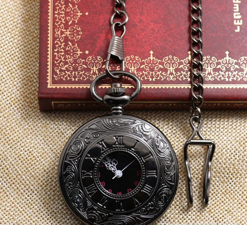 Partihandel 100st / Black Classic Roman Pocket Watch Vintage Pocket Watch Män Kvinnor Antika Modeller Tuo Table Watch PW026