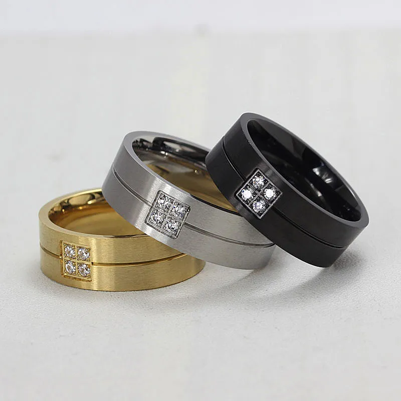 Titanium Steel Men Women Lovers Ring Fashion Classic Cubic Zirconia Wedding 18K Gold Rings Size 6-14