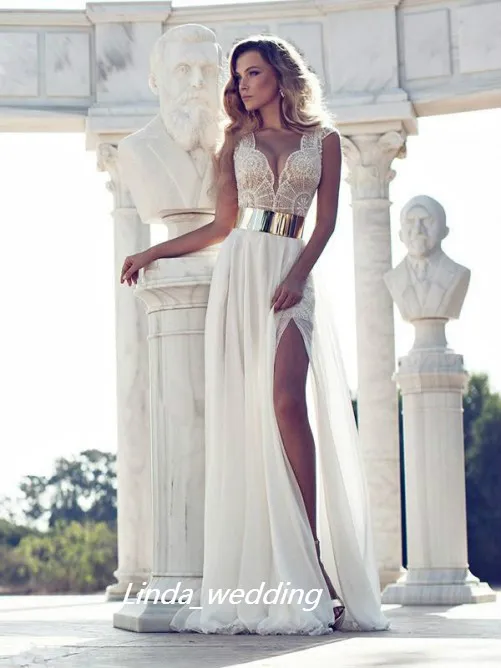 Designer A Line Princess evening wear dresses with V neck Short Sleeves Side Slit Lace Detailing and Floor Length Chiffon