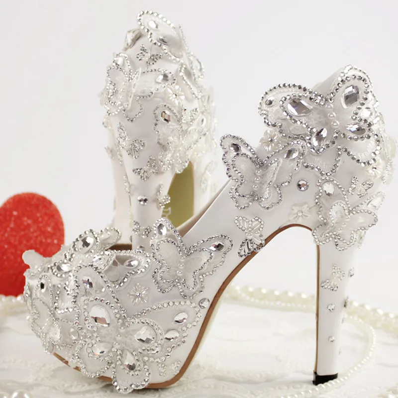 White Wedding Dress Shoes Beautiful Lace Butterfly Pricess Single Shoes Fashion Party Prom High Heel Shoes Plus Size