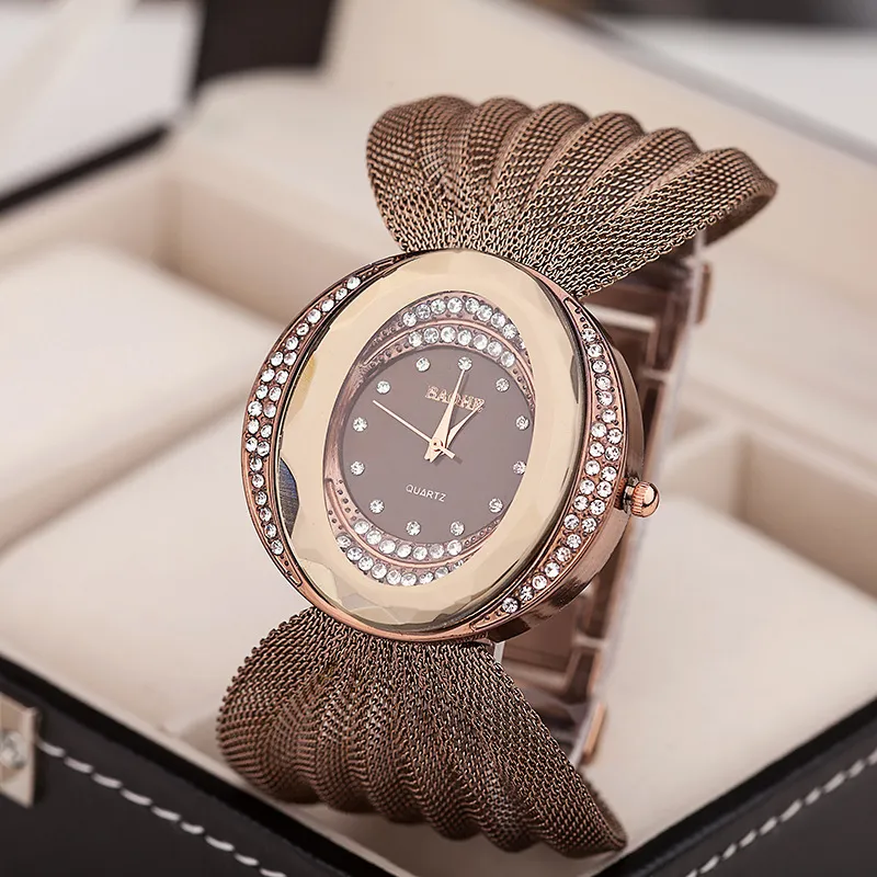 Femmes robe montres montre à quartz luxe maille montre-bracelet ovale bracelet en or alliage strass femmes montres toute dame c215N