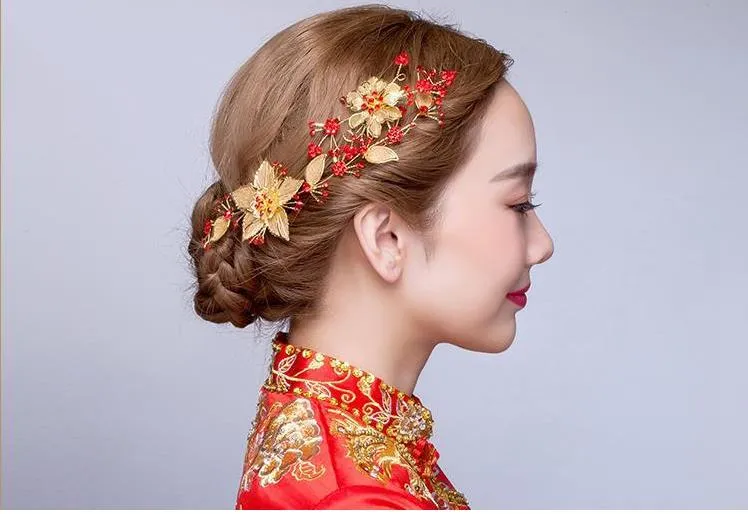 Kırmızı Çin gelin headdress kostüm gösterisi saç giyim aksesuarları Takı Düğün Tost elbise Wo çiçek
