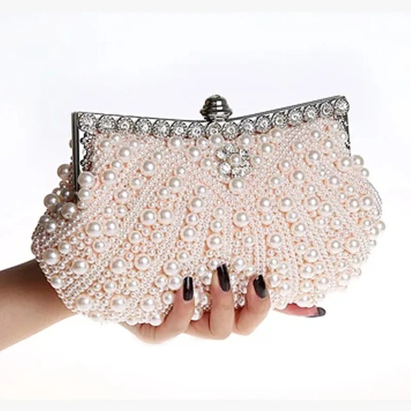 Impresionantes bolsos de mano para novia con perlas, accesorios de boda baratos de lujo de alta calidad, bolso de fiesta de noche de marfil negro champán