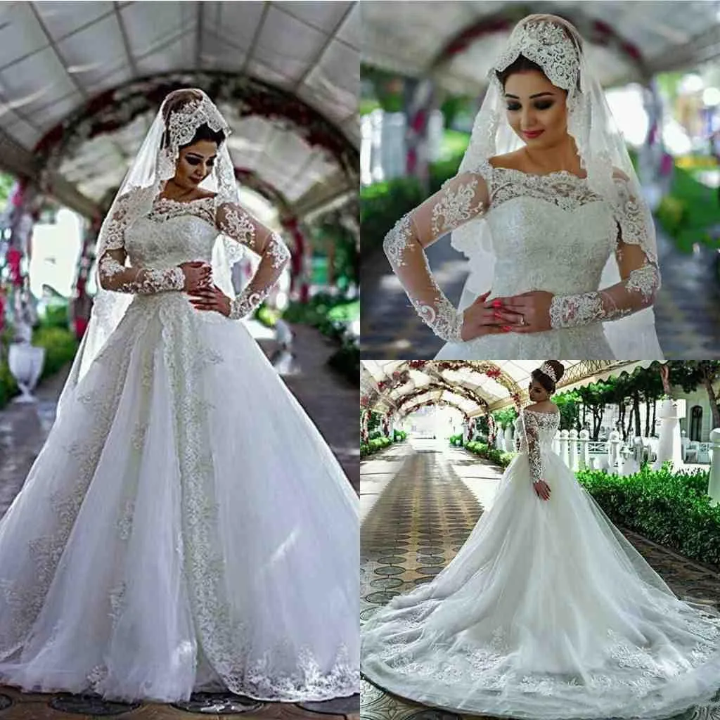 Новые арабские садовые кружевные свадебные платья трапециевидной формы с открытыми плечами и прозрачными длинными рукавами Vestios De Novia Dubai Элегантные свадебные платья 373