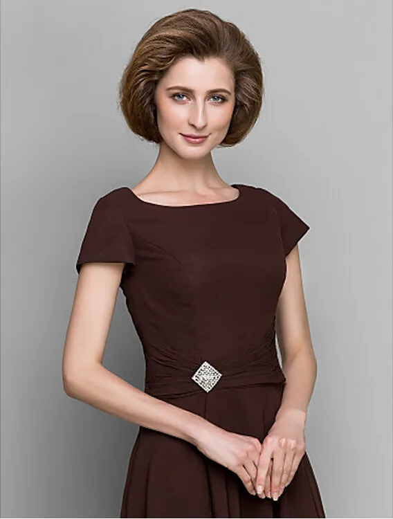 A-line Mother of the Bride Dress Chocolate Tea-length Short Sleeve Chiffon Mother's Dresses