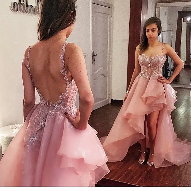 Blush Pink Cocktail Suknie Sexy Side Split Backless 2019 Prom Suknie Spaghetti dekolt Sheer Evening Wear Party Dress