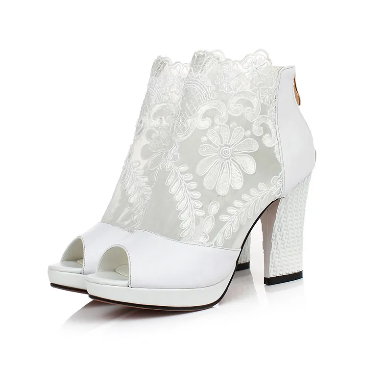 Neue Mode Peep Toe Sommer Hochzeit Stiefel Sexy Weiße Spitze Prom Abend Party Schuhe Braut High Heels Dame Formale kleid Shoes3172