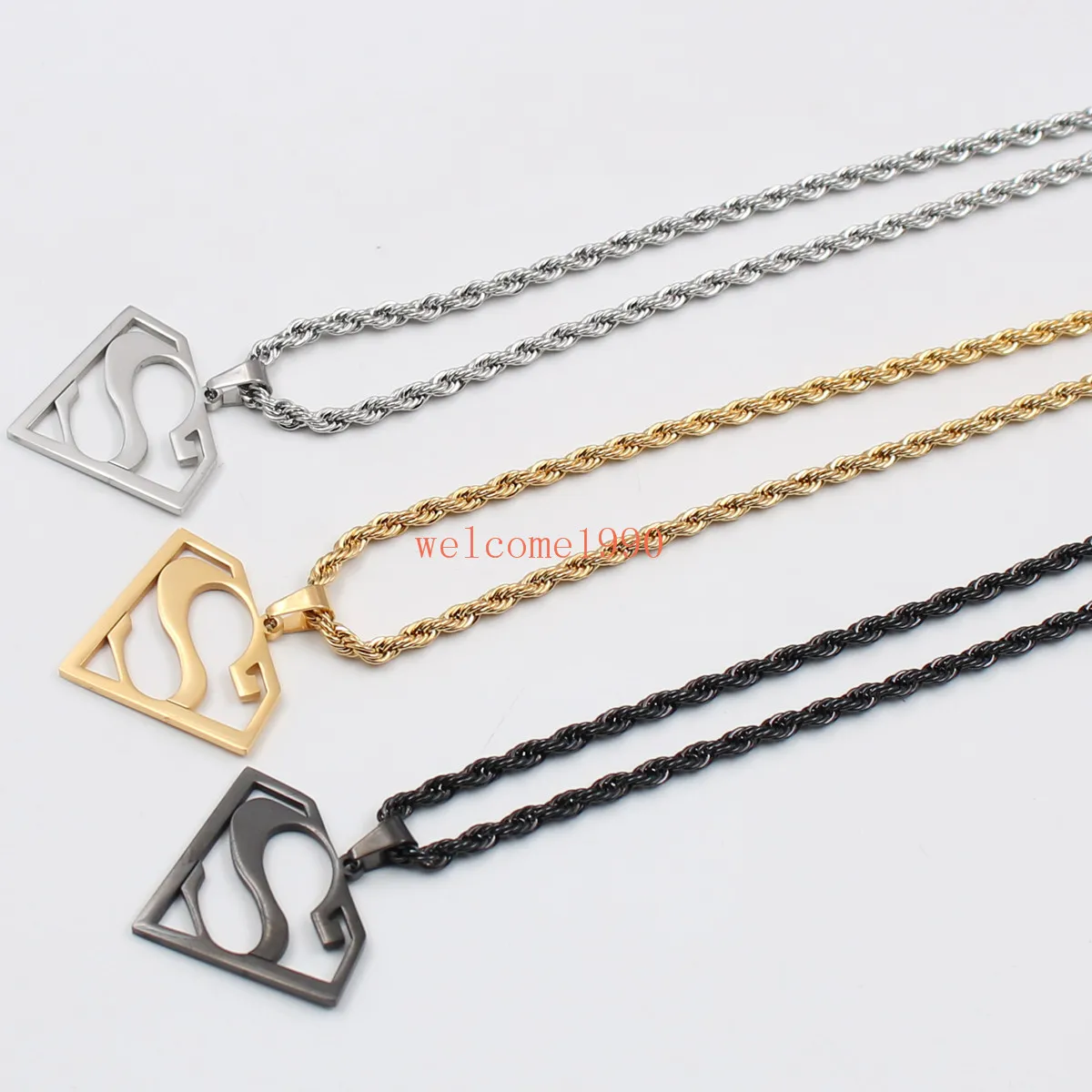 choose Gold silver black Stainless Steel 15 inch Superman logo Pendant Men039s Gifts Fashion Rope chain necklace 22 inch 4mm5622829