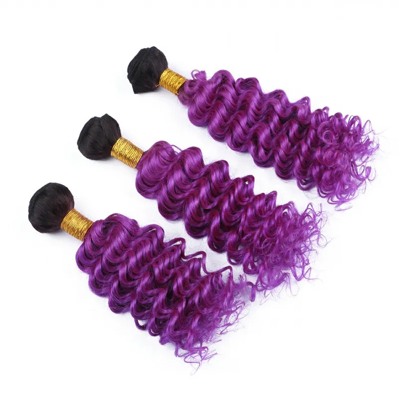 Malaysian Deep Wave Human Hair Ombre Purple Two Tone Virgin Hair Bundles Dark Root 1B/Purple Ombre Human Hair Weaves Extensions 10-30"