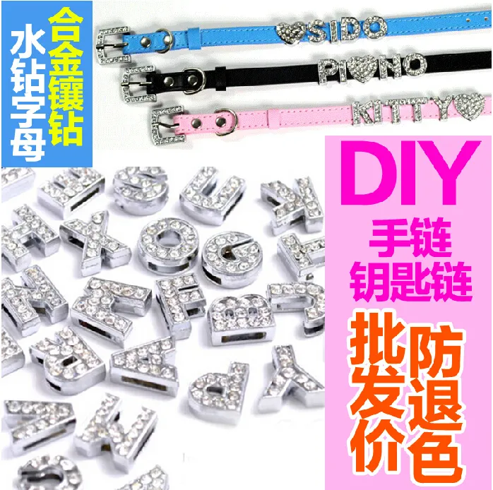Hole Length 8MM 130Pcs/Lot Charms DIY Slide Letters With Rhinestone Pet Dog Collars Silver Color Jewelry Finding Components Charms