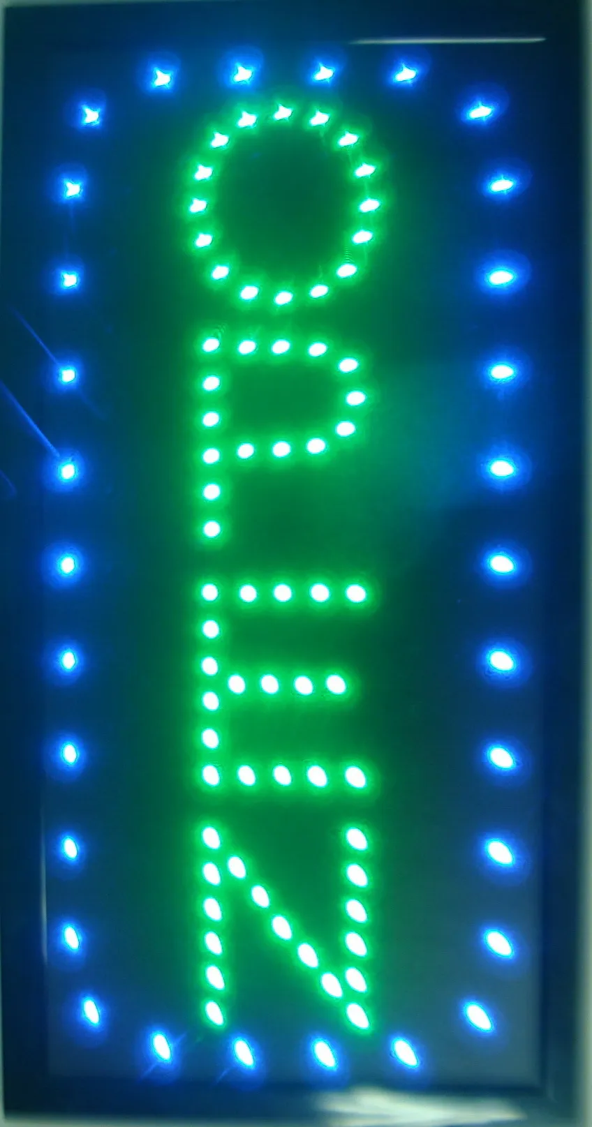 LED ÖPPEN VERTICAL LED NEON SIGN 19X10 "LYCKER MED ON / OFF ANIMATION + ON / OFF SWITCH + Kedja