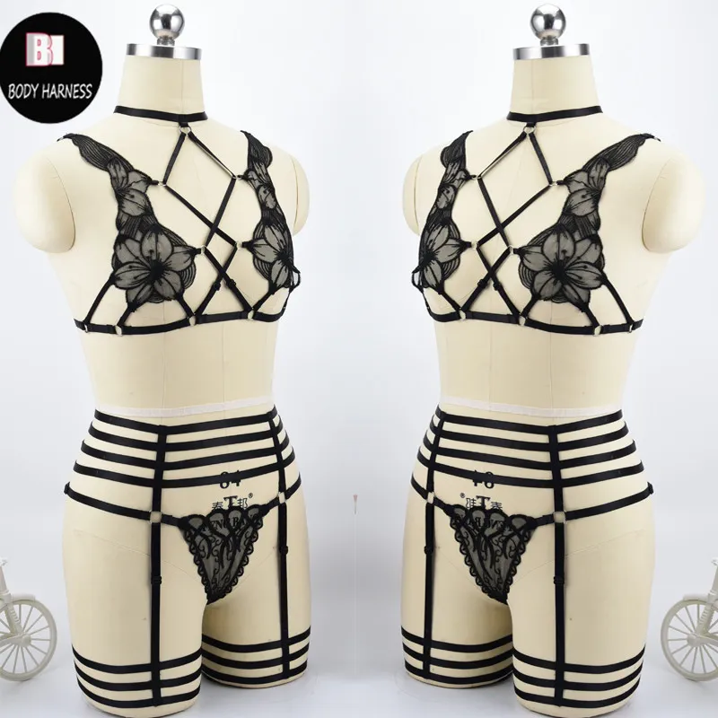 Black Lace Harness Fetish Wear Crop Top Bottoms Lace Cage Bra Harness  Briefs Harness Bondage Garter Belt Stockings Body Suit From Charitystore,  $16.34
