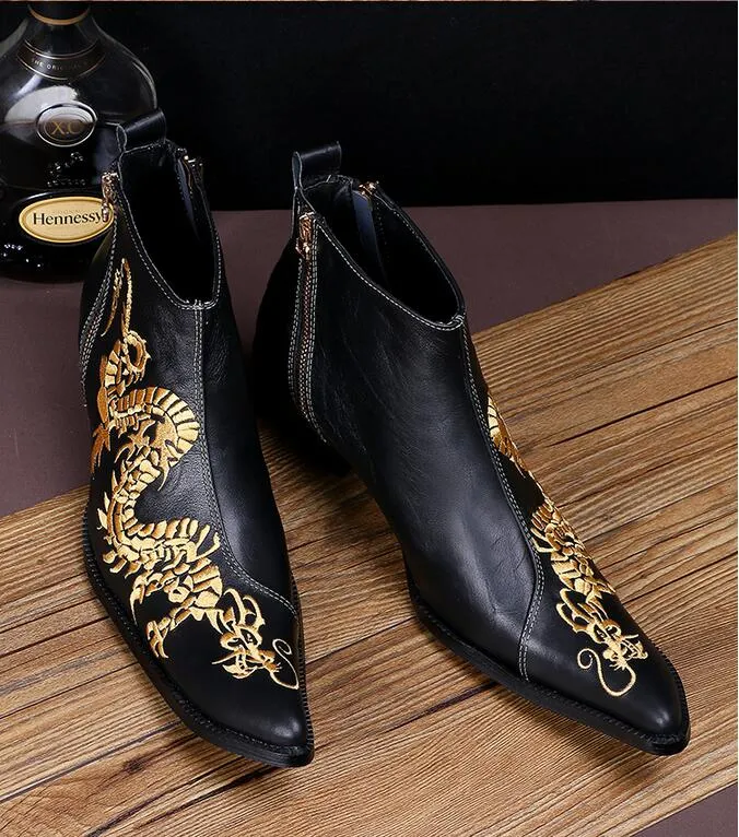 2016 New Fashion Genuine Leather Dragon Embroidered Ankle Boots Mans Pointed Toe Formal Dress Shoes for Men Plus Size 38-46