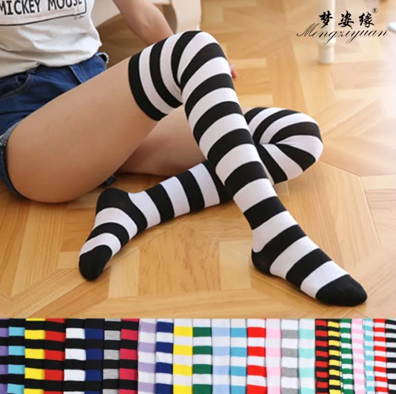 Women Ladies Knee High Socks Girls Student Stripes Over Knee Thigh Stockings Cotton Long Knee Socks