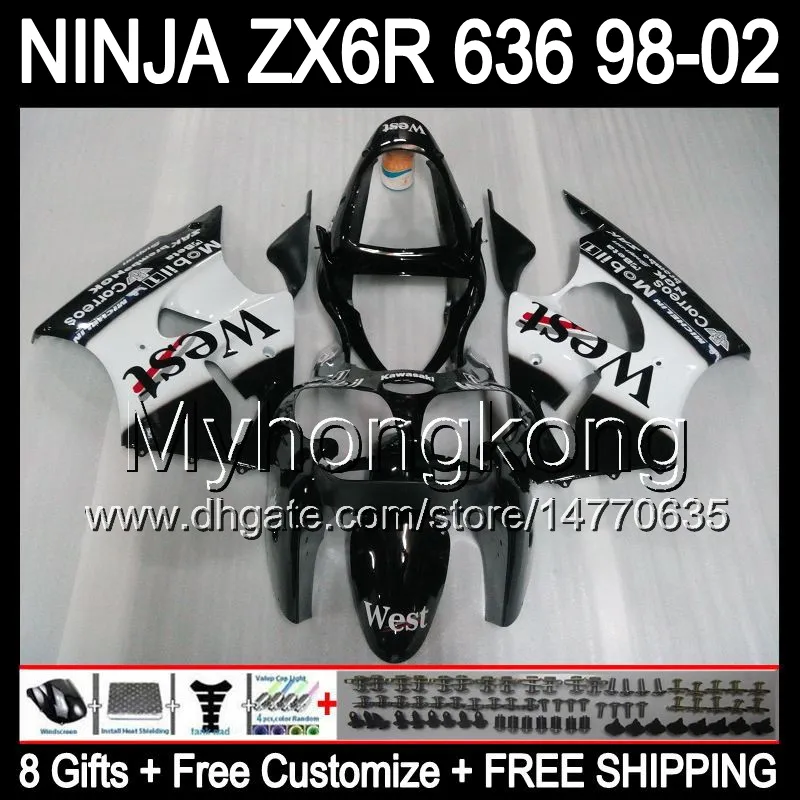 8Gifts + الجسم لKAWASAKI ZX6R 98-02 ZX636 الأسود الغرب ZX 636 MY37 ZX6R ZX 6R 98 99 00 01 02 1998 1999 2000 2001 2002 هدية الأبيض