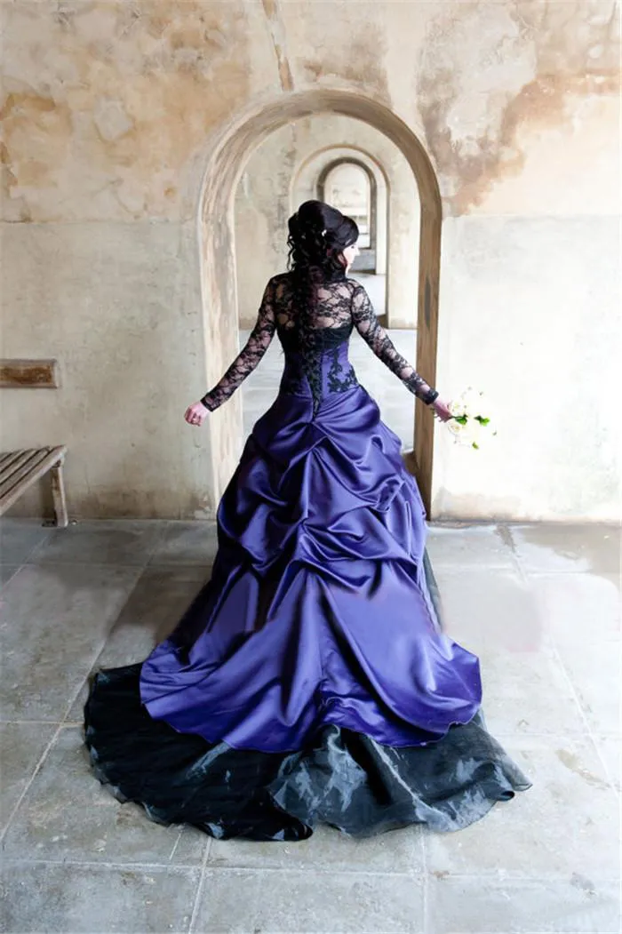 Black and Royal Blue Gothic Gothic wedding dresses with Long Sleeves, Ruched Corset, A-line Silhouette, Lace and Satin - Perfect for Halloween,