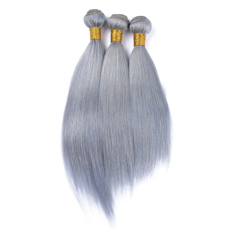 Virgin Brasilian Silver Grå Human Hair Extensions 3st Silky Straight Virgin Remy Hair Weaves Pure Gray Color Human Hair Buntles 10-30 