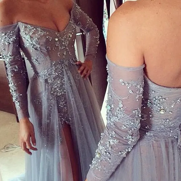 Sexy Silver Grey Evening Dresses Stunning Off the Shoulder Prom Party Gowns with Illusion Long Sleeves Sequins Beads High Split Formal Wear