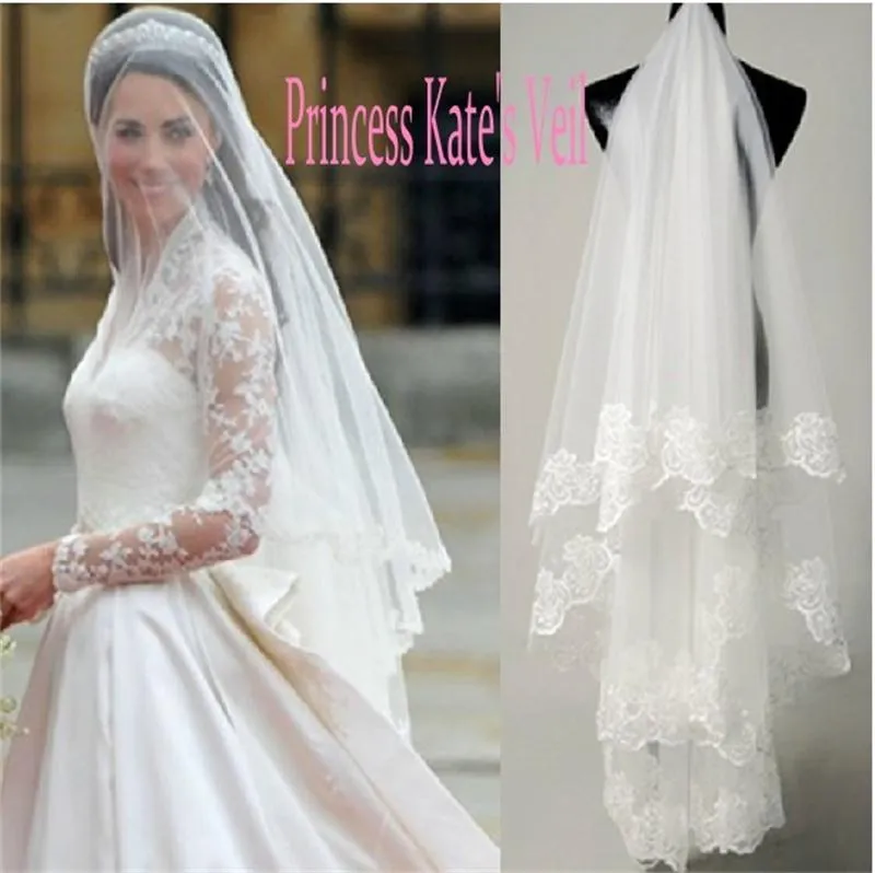 Kate Middleton Wedding Veils Lace Applique Edge Tulle för Bridal Slöjtillbehör Hot Selling