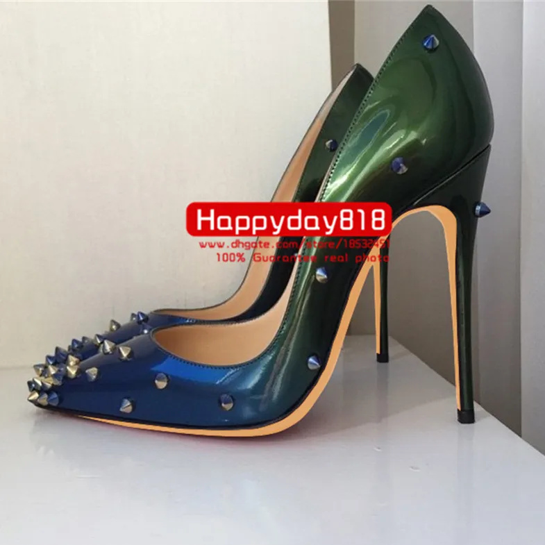 Free Fashion Damen Pumps blau grün Lackleder Spikes Nieten Punktzehe High Heels Kegelabsatz Schuhe Dame echtes Leder 120 mm