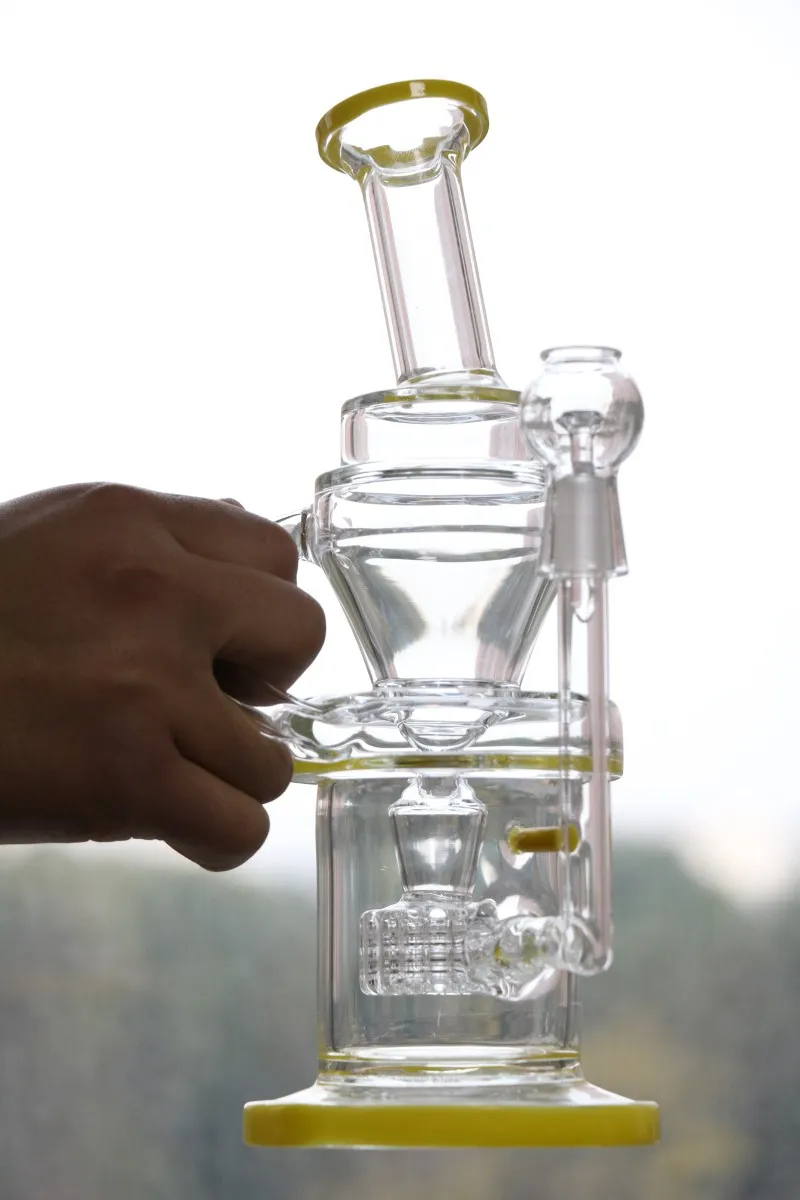 Bong in vetro spesso verde e giallo Alta qualità 14,4 mm Fumo con narghilè Tubi acqua in vetro Oril Rigs Bong Recycler Headyshop 2016