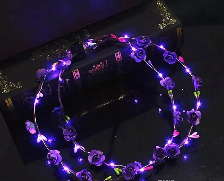 وميض LED LED FLOW FLOWER CROWN BASTING Party Rave Floral Hair Gallland Wreath Wedding Flower Girl Decorepiece Decor