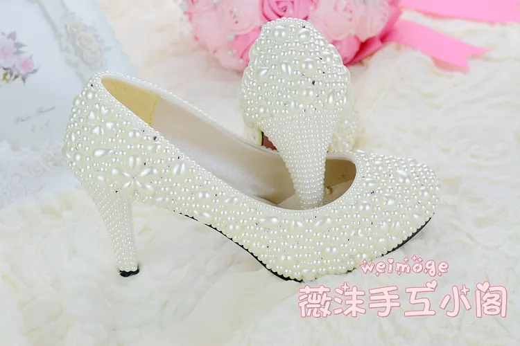 Handmade Pearl Wedding Buty 2015 Nowe Mieszkanie 4.5 CM 8 CM Heel Kotek Kołfeka Światowa Obuwie Bridal Custom Made Size Buty Buty Druhna Slip-On