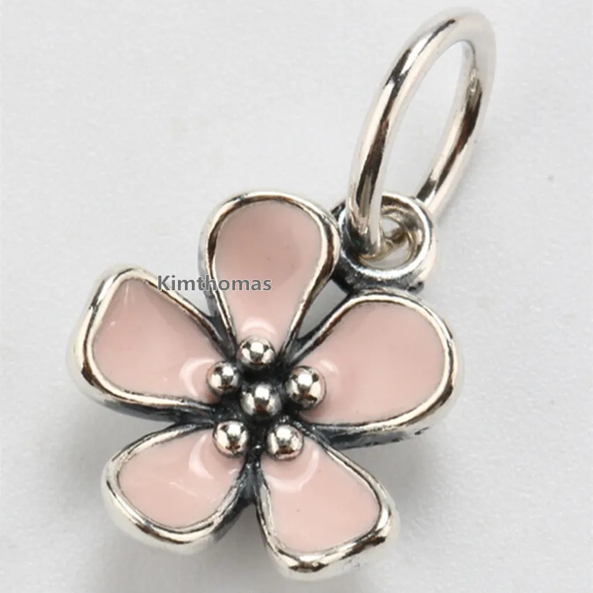 925 Sterling Silver Rosa Enamel Cherry Blossom Dangle Charm Pärla Passar European Pandora Smycken Armband Halsband Pendants