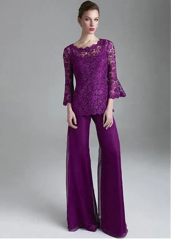 Classy Purple Lace Mother Of The Bride Pant Suits Sheer Jewel Neck Long Sleeves Wedding Guest Dress Plus Size Chiffon Mothers Groom Dresses