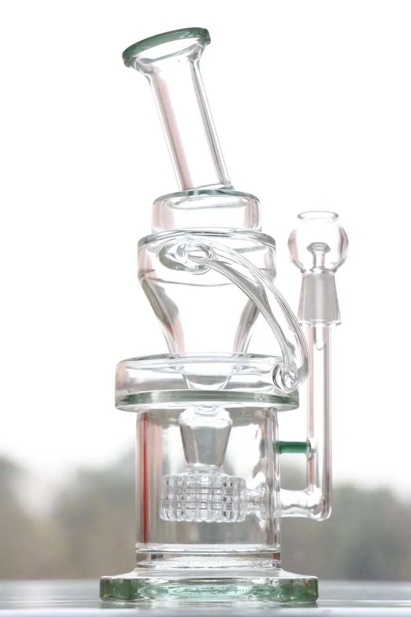 Bong in vetro spesso verde e giallo Alta qualità 14,4 mm Fumo con narghilè Tubi acqua in vetro Oril Rigs Bong Recycler Headyshop 2016